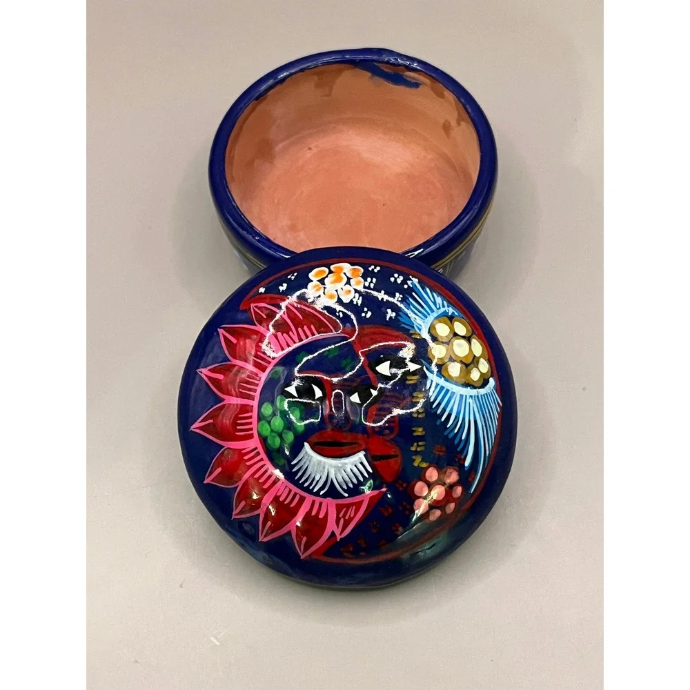Sun Moon Stars Celestial Redware‎ Trinket Box Cobalt Blue 2.5